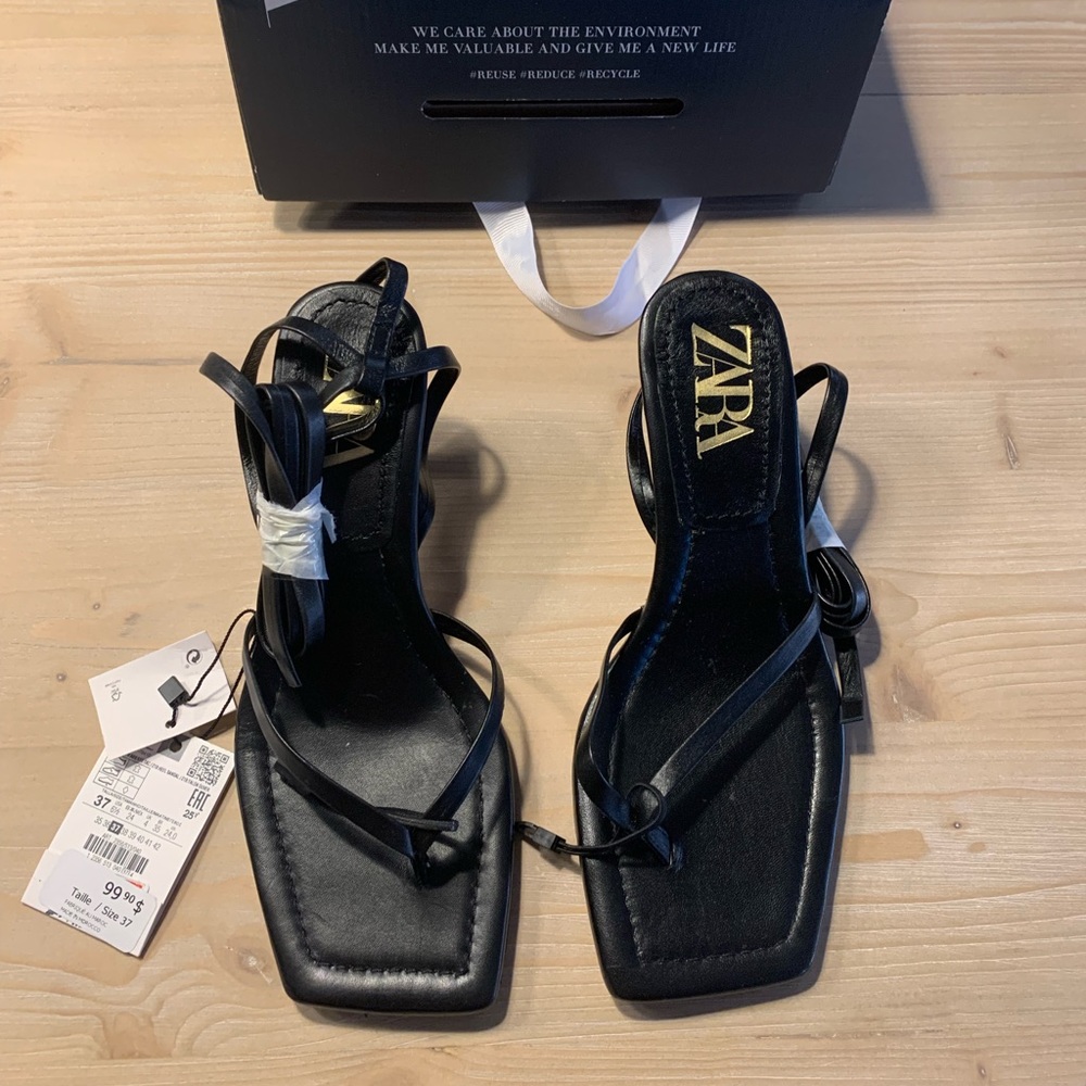 Zara Black Leather Thong Heels